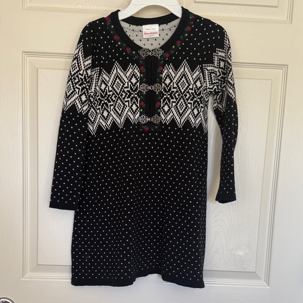 Hanna Andersson Black and White Nordic Patterned Sweater Dress girls size 6-7